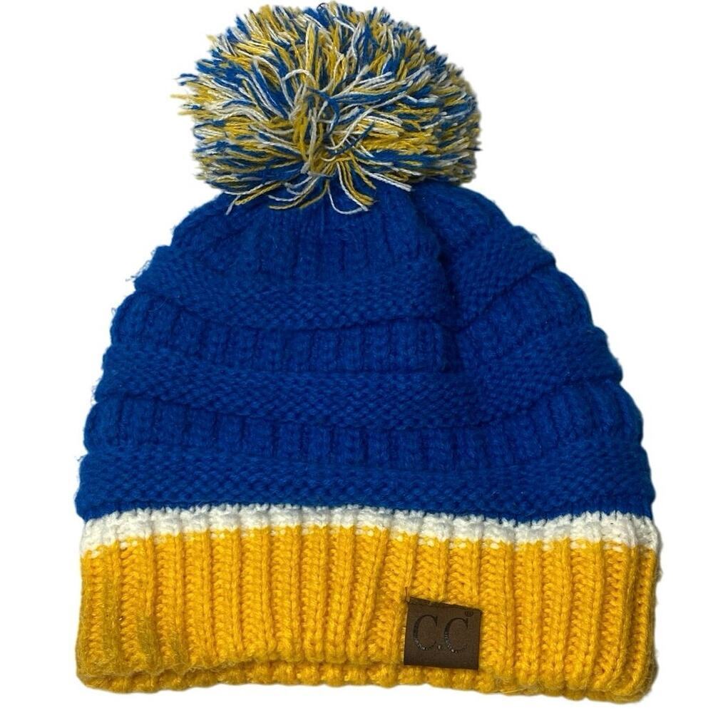 CC Chunky, Stretchy Knit Pom, Beanie Hat, Sports Team colors; Blue Yellow